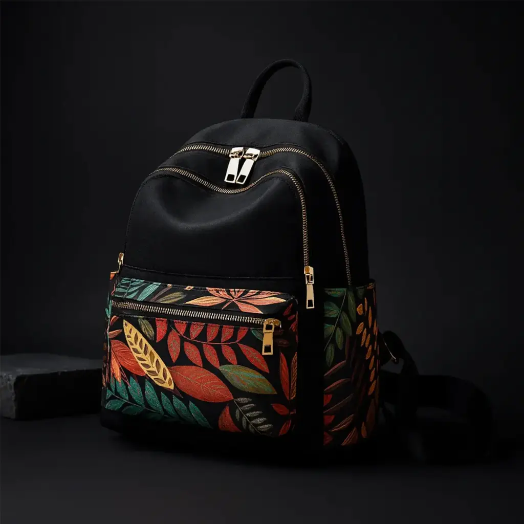 Belvoiri Leaf Print Black Backpack – Stylish Travel & Everydays Bag for Women | Lightweight, Compact & Versatile