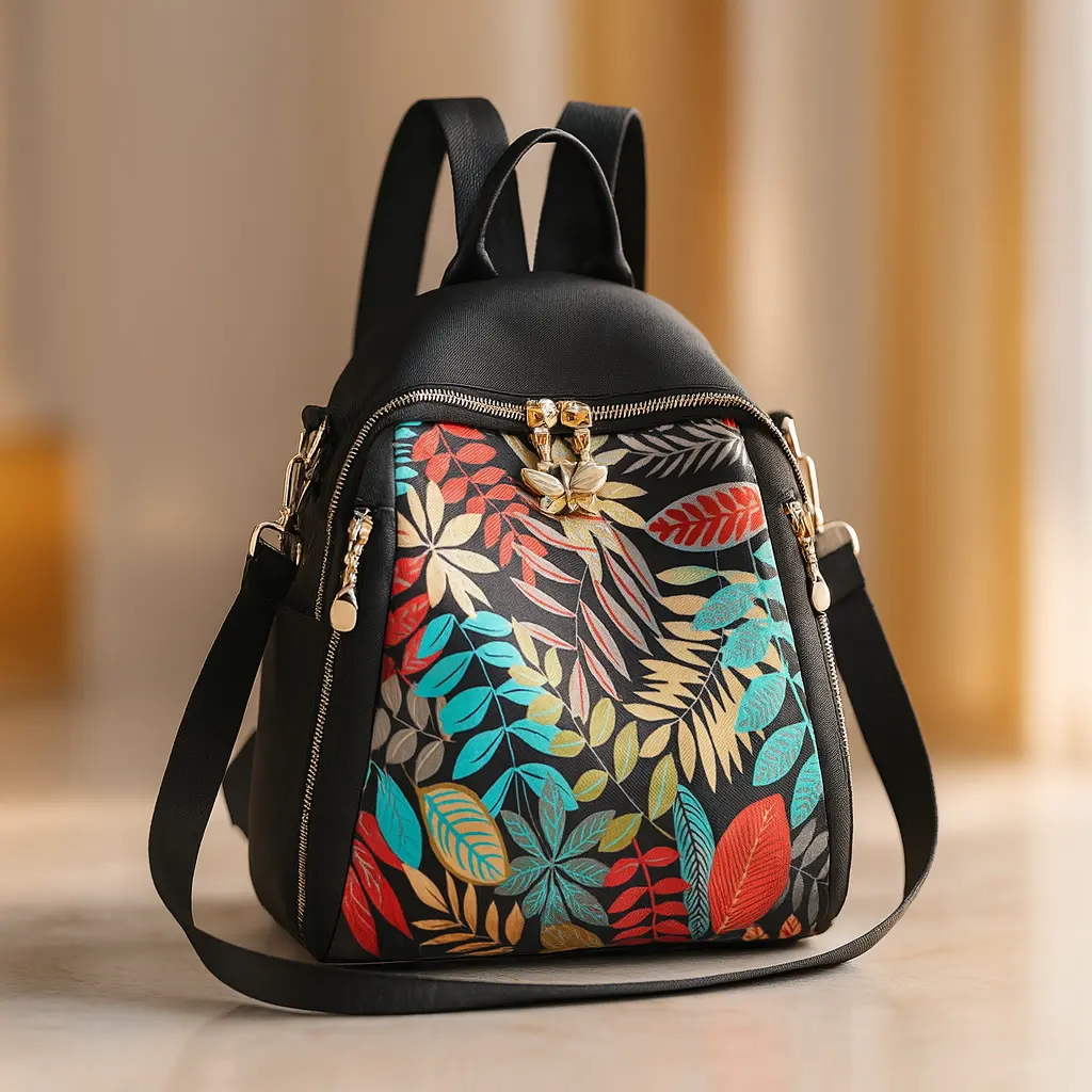Belvoiri Leaf Printed Black Backpack – Stylish Travel & Everydays Bag for Women | Lightweight, Compact & Versatile