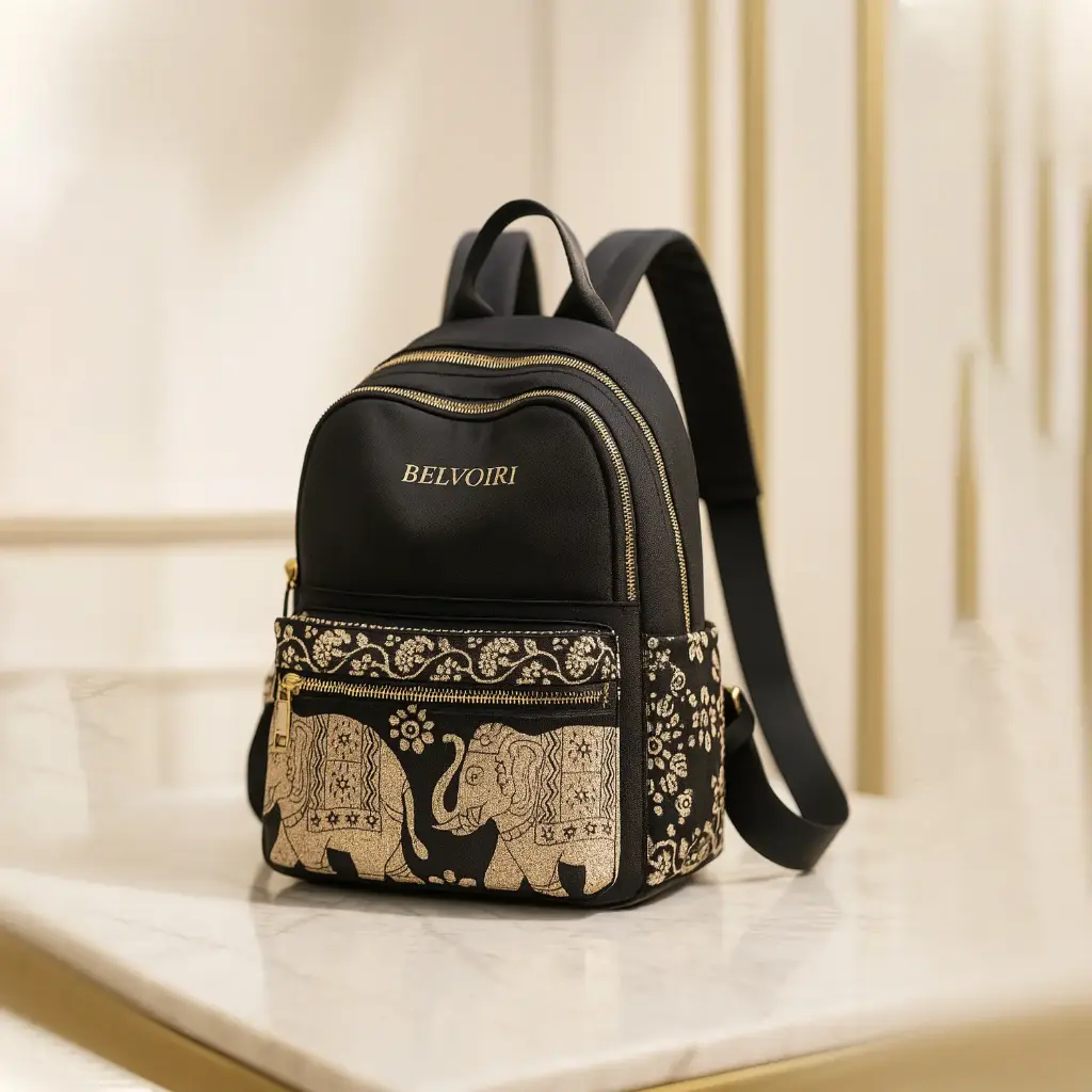 Belvoiri Elephant Print Black Backpack – Stylish Travel & Everydays Bag for Women | Lightweight, Compact & Versatile